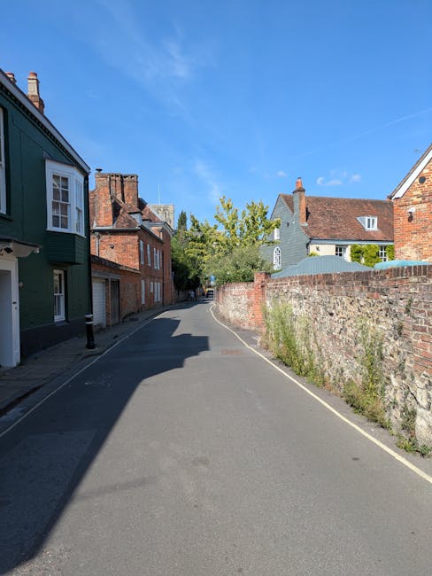 A narrow residential street in Croydon with tightly packed brick and timber-fronted houses on the left side, painted in shades of green and brown, with white-framed windows and sloped roofs. On the right side, there is an old brick wall with overgrown weeds and grass at its base. The road surface is smooth asphalt, with a white line marking the edge, and shows minimal shadows cast by the surrounding structures. In the background, a tall leafy tree and additional houses are visible under a clear blue sky, indicating a bright, sunny day. This scene exemplifies a typical small street suitable for home relocations that require careful navigation and planning for furniture transport or packing and moving activities, often handled by specialist removals services such as Man with Van Croydon.